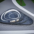 Stylish Garden Ornament Featuring Spiral Water Design Surrounded by Trees Grass and Stone Pathway