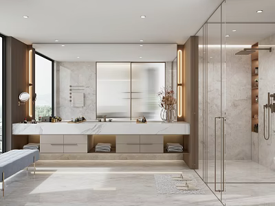 Modern Bathroom Interior With Large Mirror Marble Countertop Glass Shower And Storage Cabinets 3d model