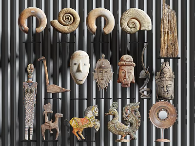 Artistic Handmade Sculpture Carving Display With Wooden Masks Animal Figures And Decorative Art Pieces 3d model