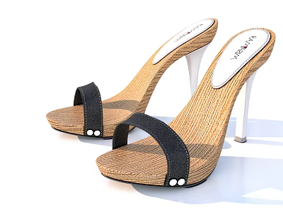 Women's High Heel Sandal Shoes with Woven Upper Black Straps and White Stiletto Heels 3d model
