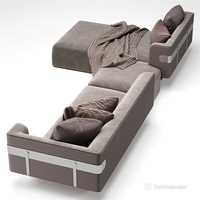 Comfortable Modern Gray Sectional Sofa With Plush Pillows And Striped Blanket 3d model
