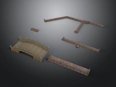 Wooden Scenic Components with Bridge Plank Walkway and Various Shaped Structures 3d model