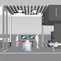 Modern Exhibition Booth With SUNRISE Logo Workstations People And Display Area