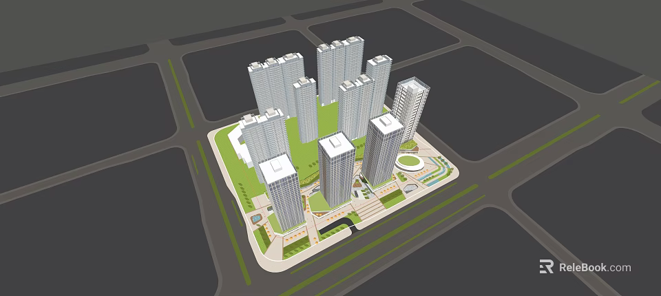 Modern High Rise Residential Complex With Green Spaces And Surrounding Roads 3d model 