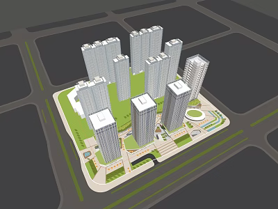 Modern High Rise Residential Complex With Green Spaces And Surrounding Roads 3d model