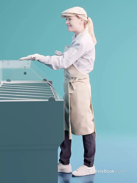 Woman Wearing Beige Apron And White Gloves Operating Glass Display Case In Light Blue Background 3d model 