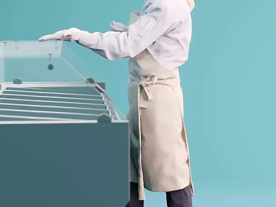 Woman Wearing Beige Apron And White Gloves Operating Glass Display Case In Light Blue Background 3d model
