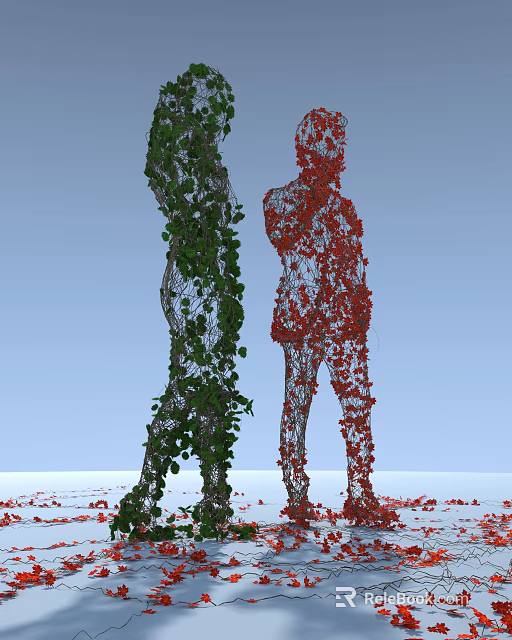 Vines Forming Green And Red Human Shaped Figures Against Light Blue Background With Scattered Leaves 3d model 