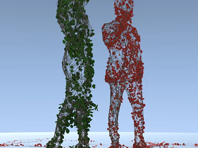 Vines Forming Green And Red Human Shaped Figures Against Light Blue Background With Scattered Leaves 3d model