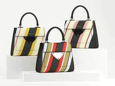Three Stylish Handbags with Colorful Stripe Patterns and Top Handles on White Pedestals 3d model