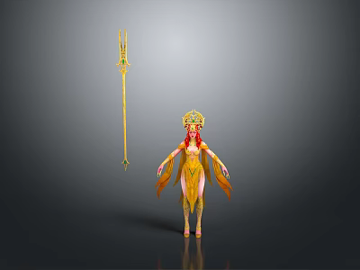 Red Haired Mythical Female Character In Yellow Outfit With Golden Crown And Golden Trident 3d model