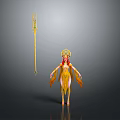 Red Haired Mythical Female Character In Yellow Outfit With Golden Crown And Golden Trident