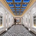 Luxurious Elevator Hallway With Golden Accents Blue Ceiling White Decorations And Black White Geometric Floor