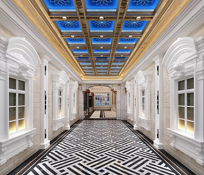 Luxurious Elevator Hallway With Golden Accents Blue Ceiling White Decorations And Black White Geometric Floor 3d model