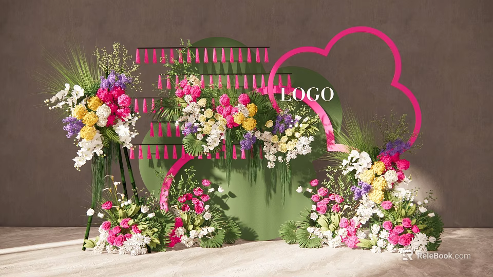 Vibrant Floral Event Backdrop With Pink Structures Mixed Flowers Greenery And LOGO 3d model