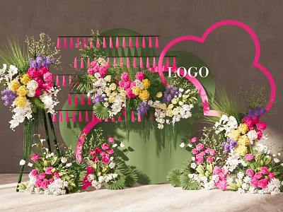 Vibrant Floral Event Backdrop With Pink Structures Mixed Flowers Greenery And LOGO 3d model
