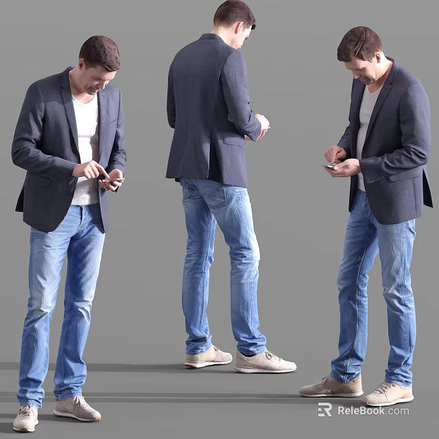 Man In Navy Blazer White T-Shirt Blue Jeans And Beige Shoes Holding Phone 3d model 