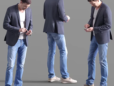 Man In Navy Blazer White T-Shirt Blue Jeans And Beige Shoes Holding Phone 3d model