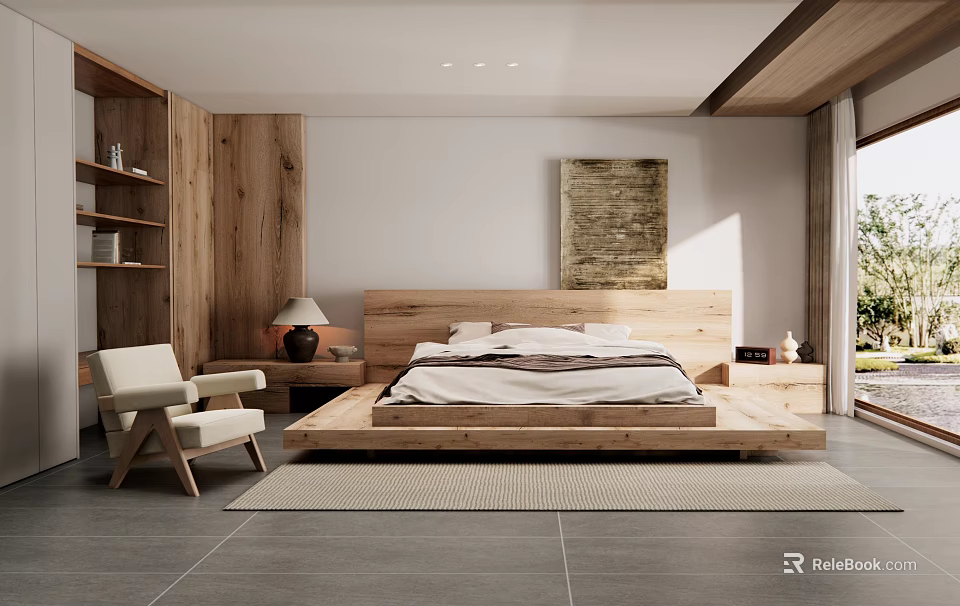 Modern Hotel Guest Room with Wooden Platform Bed White Armchair Decorative Painting and Natural Light 3d model 
