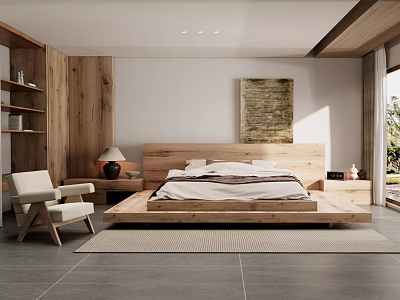 Modern Hotel Guest Room with Wooden Platform Bed White Armchair Decorative Painting and Natural Light 3d model
