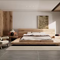 Modern Hotel Guest Room with Wooden Platform Bed White Armchair Decorative Painting and Natural Light