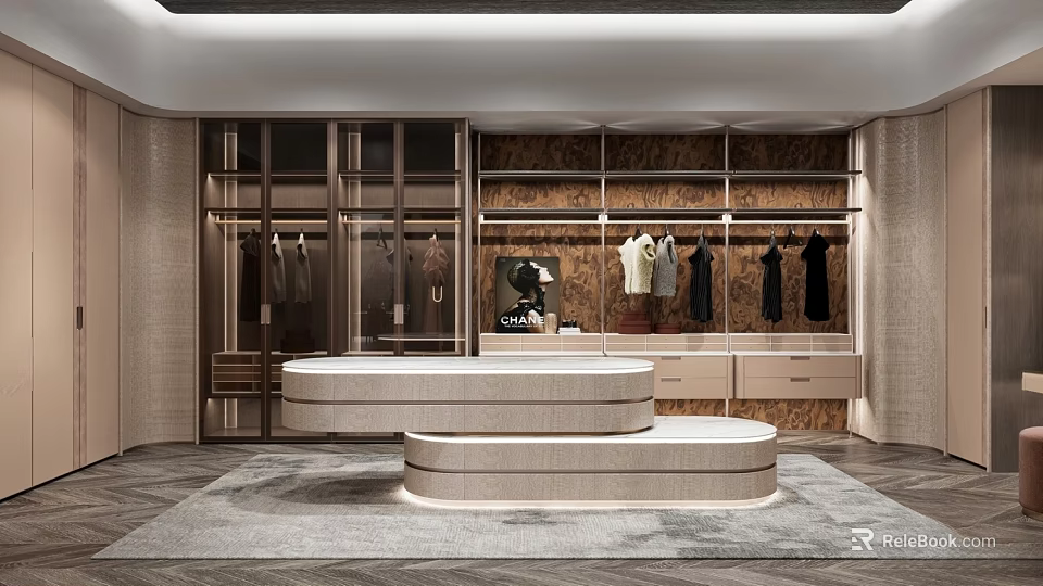 Luxurious Modern Walk In Closet With Glass Door Cabinets Wooden Backboard And Circular Island 3d model 