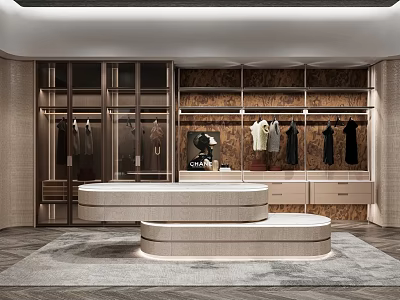 Luxurious Modern Walk In Closet With Glass Door Cabinets Wooden Backboard And Circular Island 3d model