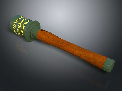 Green Military Grenade Featuring Yellow Text And Wooden Handle Design 3d model