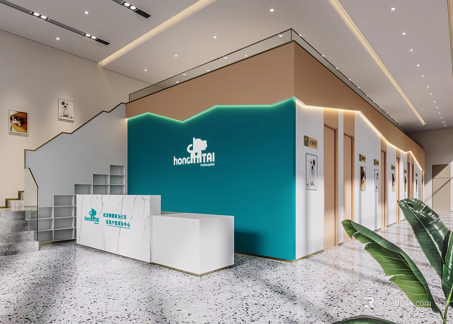 Modern Hospital Outpatient Clinic Interior With Teal Wall Reception Desk And Green Plants 3d model 