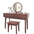 Modern Wooden Dressing Table With Round Mirror Matching Stool And Cosmetic Items 3d model