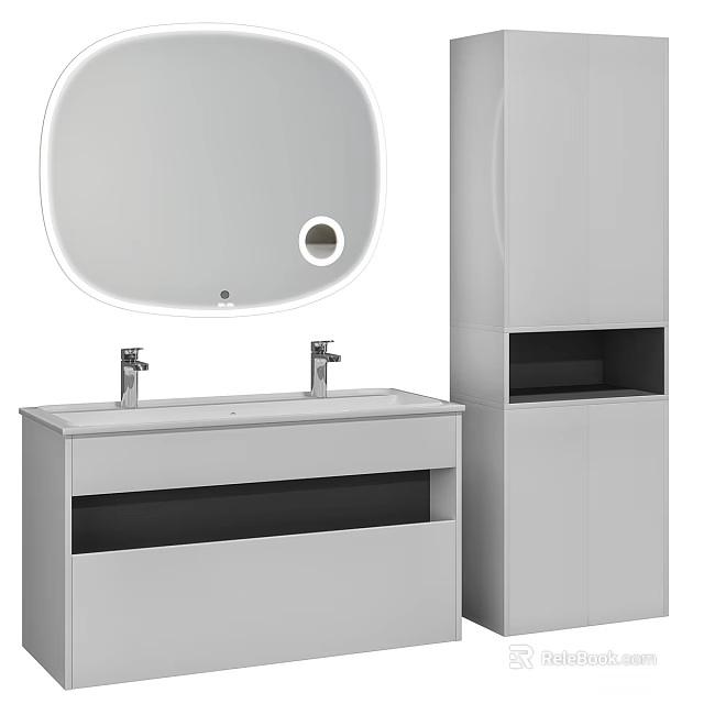 Modern White Washbasin Cabinet with Wall Mounted Mirror and Storage Design 3d model 