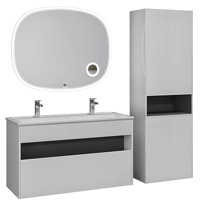 Modern White Washbasin Cabinet with Wall Mounted Mirror and Storage Design 3d model