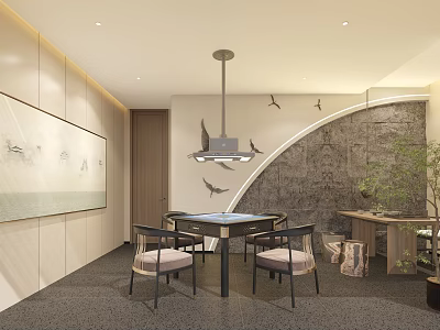 Elegant Hotel Mahjong Room Interior With Traditional Chinese Decor Pendant Light Mahjong Table And Chairs 3d model