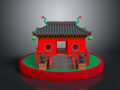 Chinese Style Architectural Model Featuring Red Body Green Roof Dragon Ornaments Stone Lions And Lanterns 3d model