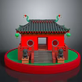 Chinese Style Architectural Model Featuring Red Body Green Roof Dragon Ornaments Stone Lions And Lanterns