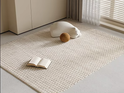 Light Beige Woven Square Area Rug with Open Book White Rabbit and Brown Ball Decor 3d model