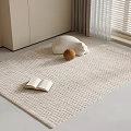 Light Beige Woven Square Area Rug with Open Book White Rabbit and Brown Ball Decor