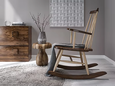 Wooden Rocking Chair with Armrest Cozy Rug Side Table Vase Branches and Modern Geometric Decor 3d model