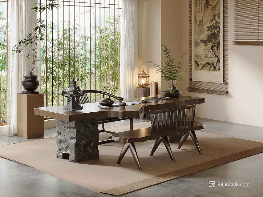 Traditional Tea Room Interior With Stone Table Wooden Chairs Bamboo Screens And Greenery 3d model 
