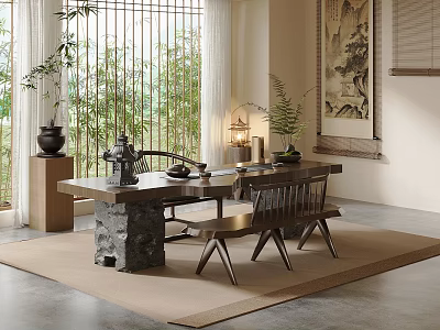 Traditional Tea Room Interior With Stone Table Wooden Chairs Bamboo Screens And Greenery 3d model