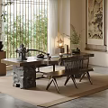 Traditional Tea Room Interior With Stone Table Wooden Chairs Bamboo Screens And Greenery