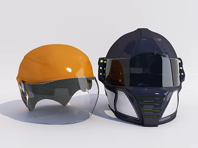 Two Helmets With Orange And Dark Blue Design Protective Visors Green Accents And Side Panels 3d model
