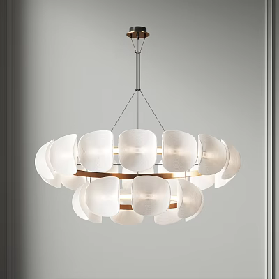 Elegant Modern Double Layer Chandelier Featuring White Shades And Wooden Frame 3d model