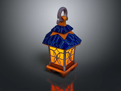 Decorative Blue And Orange Lantern With Ring Handle Patterned Panels And Base 3d model