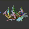 Sailing Ship Model With White Sails Golden Hull Blue Glowing Orb And Feather Decorations