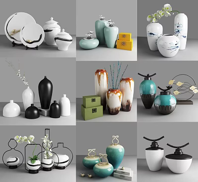 New Chinese Style Ornaments Combination Ceramic Jar Ware Ornaments Combination 3d model