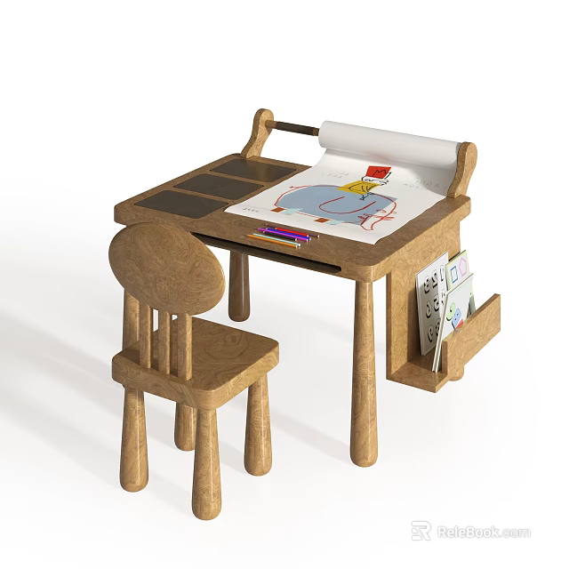 Wooden Kids Table And Chair Set With Drawing Board Paper Coloring Pens And Side Bookshelf 3d model 