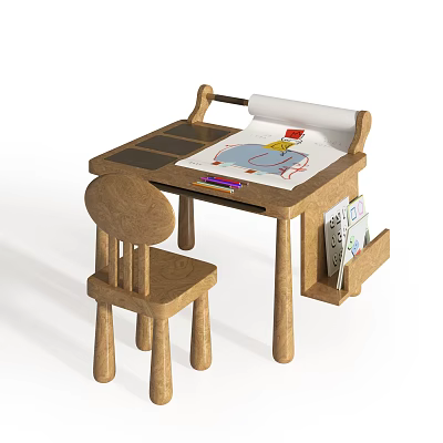 Wooden Kids Table And Chair Set With Drawing Board Paper Coloring Pens And Side Bookshelf 3d model
