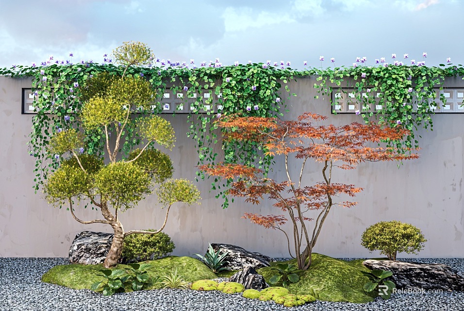 Garden Flowers And Plants With Green Vines Red And Green Trees Stones And Shrubs 3d model 