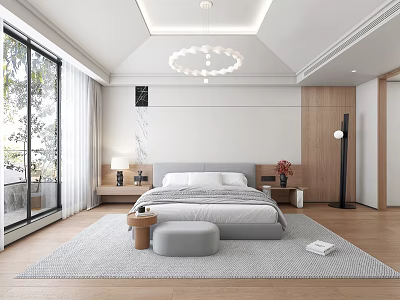Modern Minimalist Bedroom With Large Glass Windows Light Curtains Circular Chandelier And Wooden Headboard 3d model
